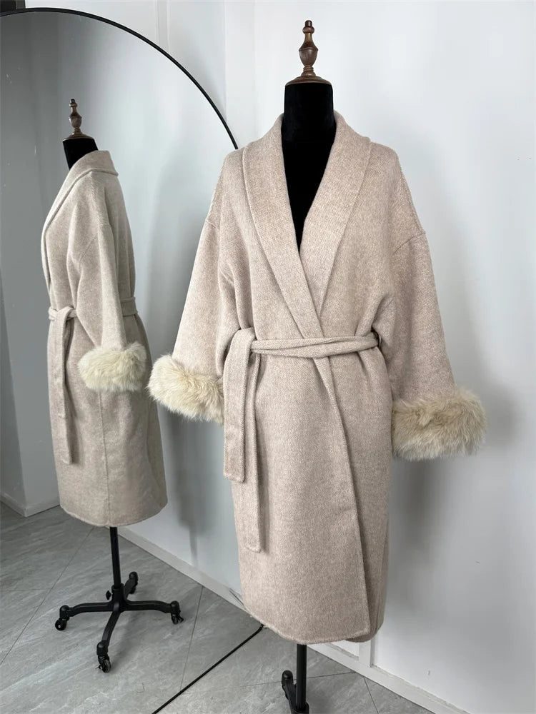 Luxuriöser Fuchsfell-Woll-Wintermantel für Damen – Eleganter doppelseitiger Wollmantel für Frauen,