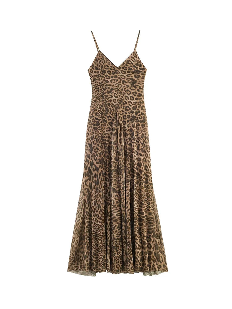 Women’s Vintage Leopard Print Sling Maxi Dress