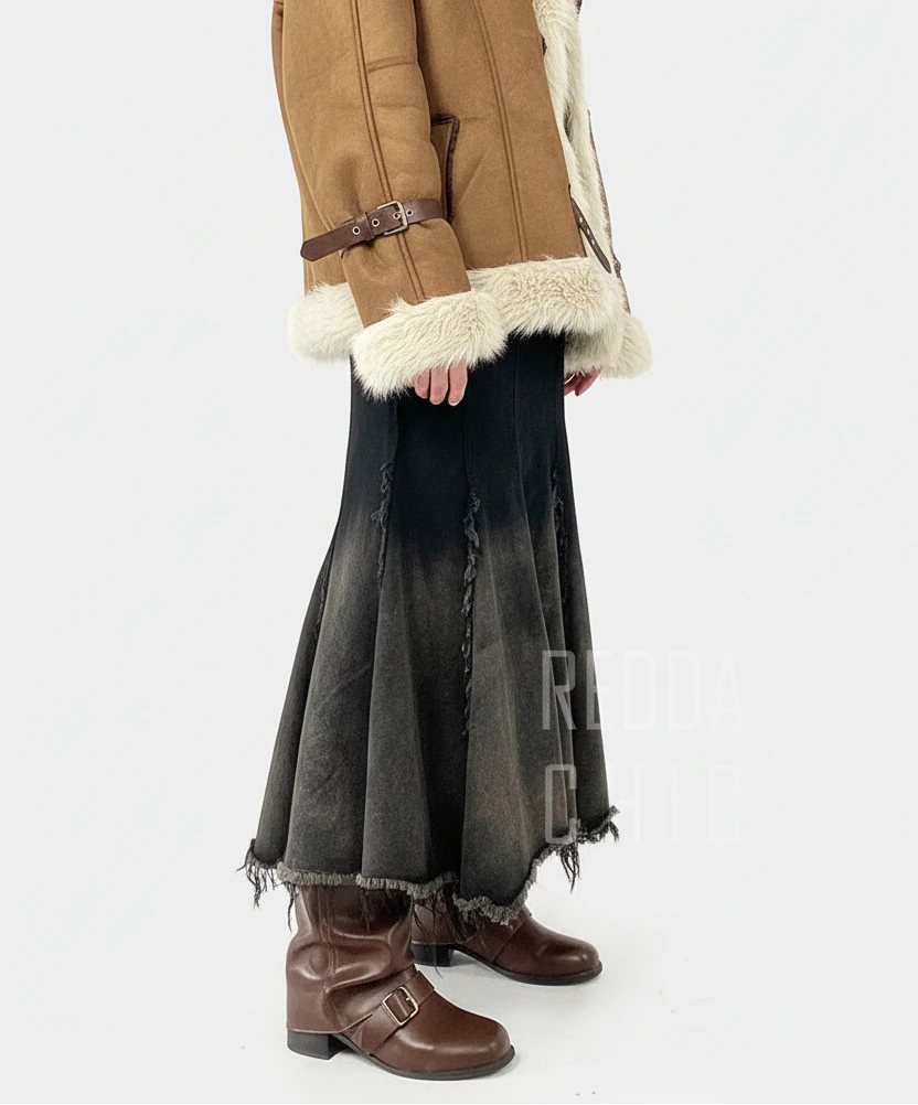 Damen Schwarzer Jeansrock mit Farbverlauf im Meerjungfrauen-Stil | Hochtaillierter Maxi-Jeansrock mit offener Kante