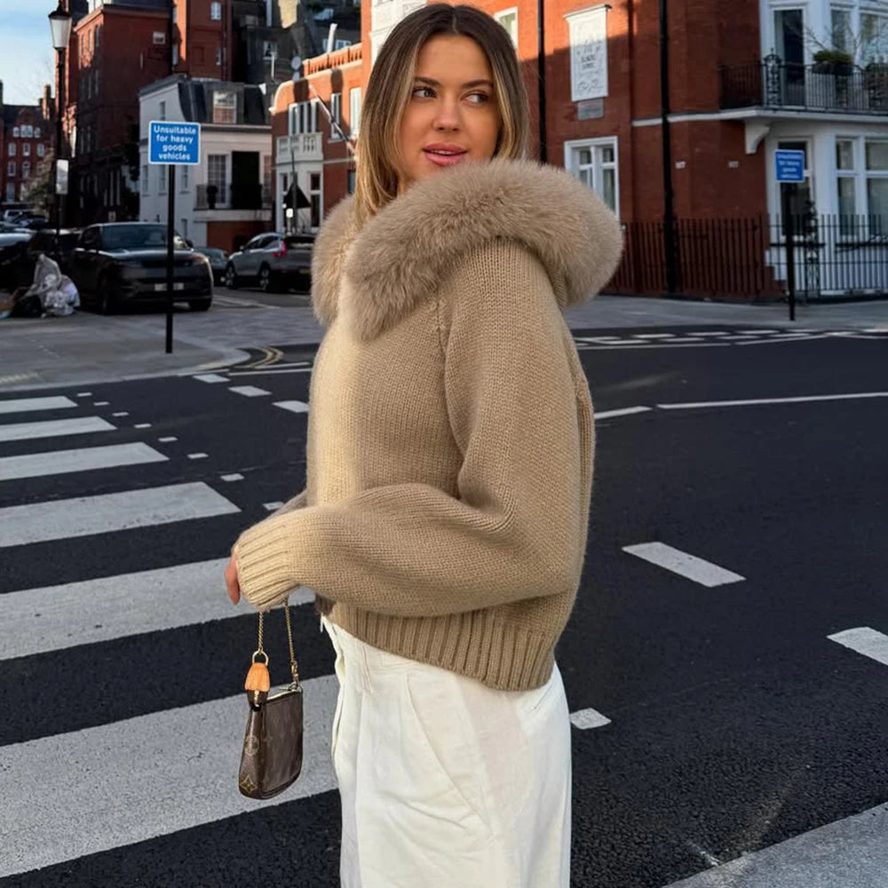Women’s Winter Fluffy Hoodie Cardigan – Zipper Patchwork Knit Jacket
