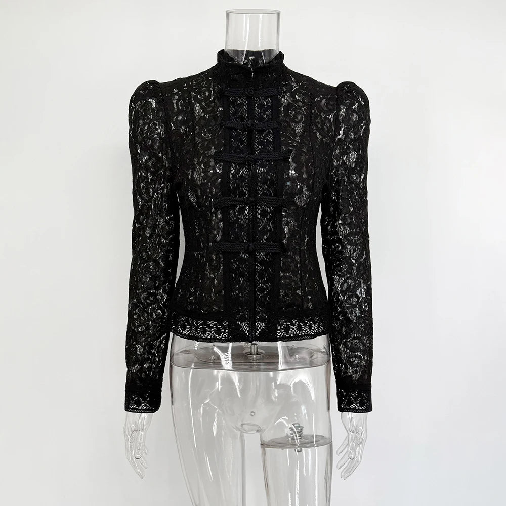 Luxuriöse Spitzenbluse mit Print – Vintage-Hemd für Damen, einreihig, schmal geschnitten, elegantes Langarm-Partytop