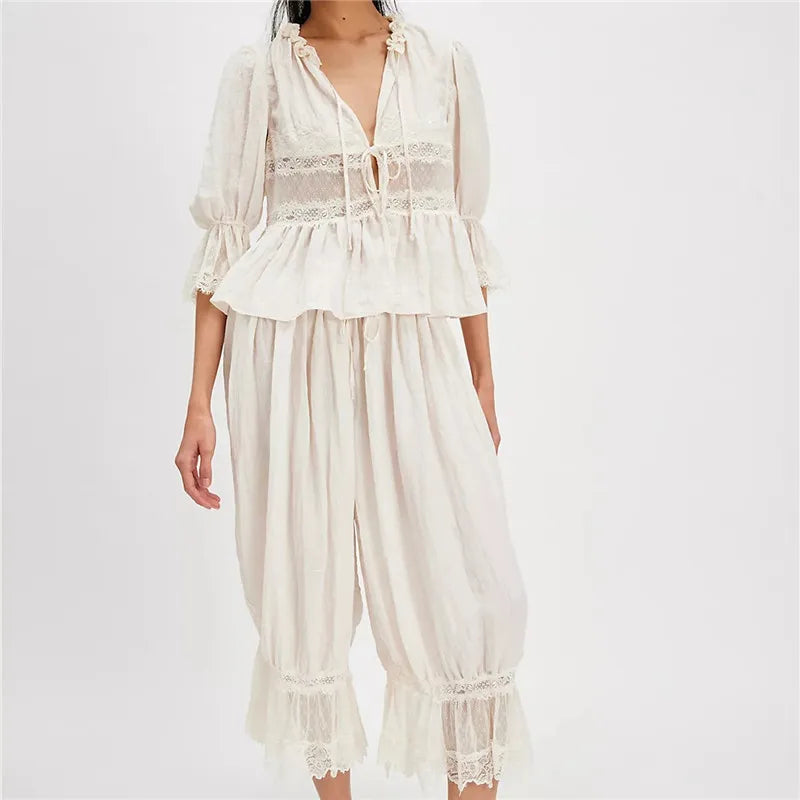Women’s Y2K Lace Trim 2-Piece Pajama Set – Bow Tie-Front Short Sleeve Shirt & Ruffle Flared Lantern Pants