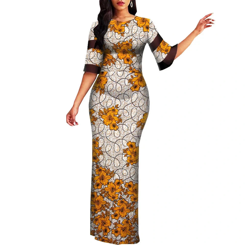 Damen Maxi Bodycon-Kleid mit halbem Ärmel und afrikanischem Dashiki-Print
