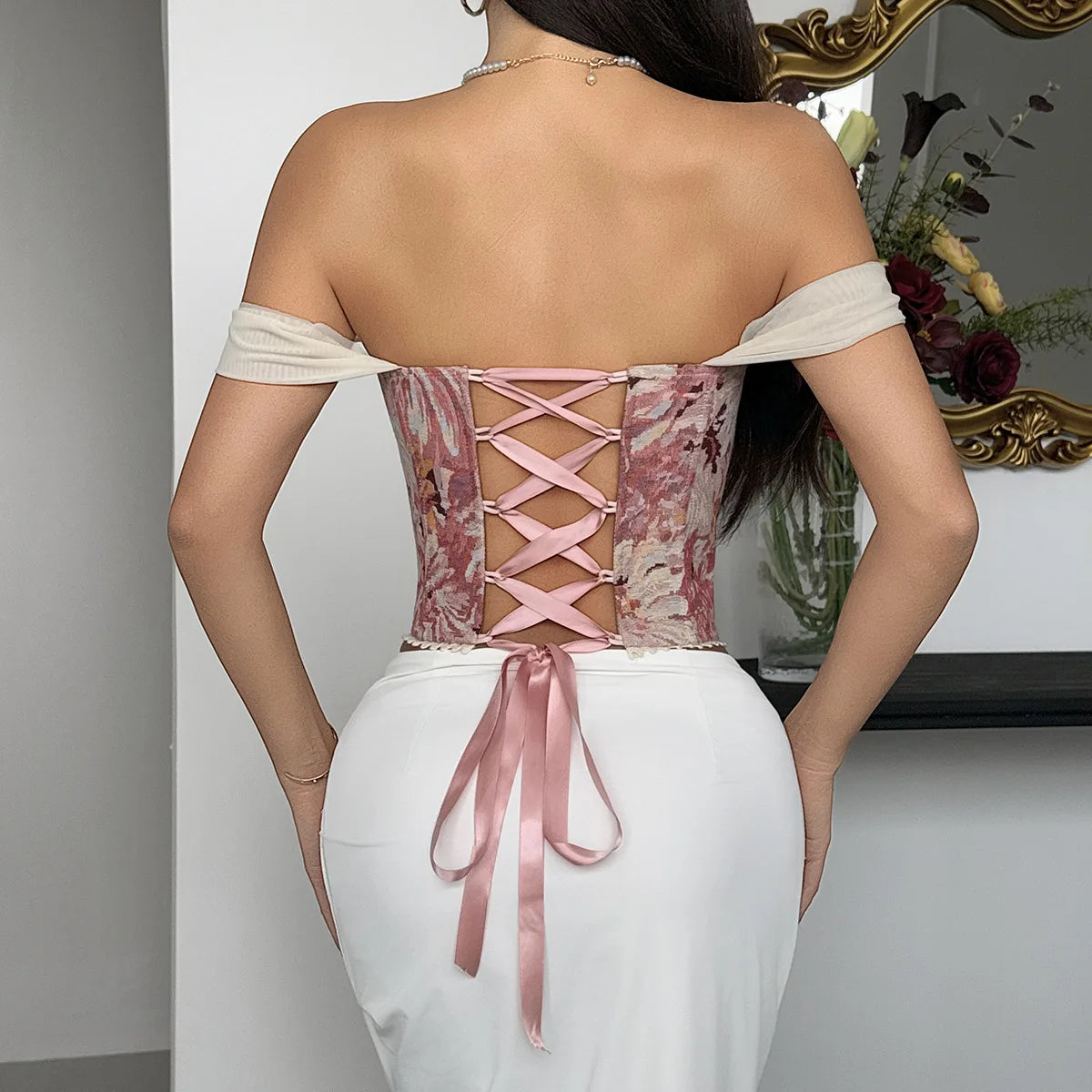 Damen Royal Style Korsett-Top mit Blumendruck | Sexy Kreuz-Bandage-Bustier