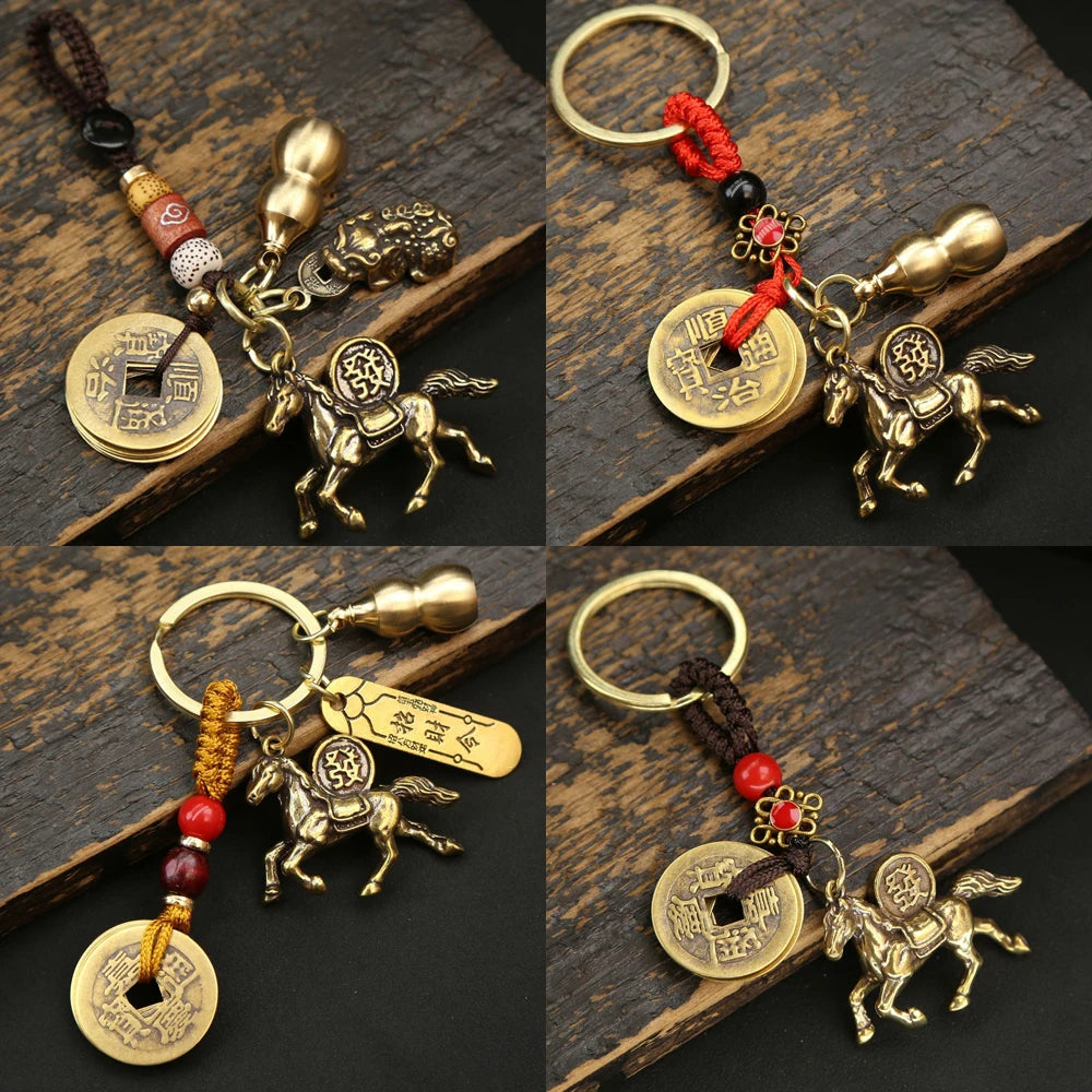 Vintage Horse Good Luck Keychain with Red Silk Knot | Wealth & Prosperity Pendant for Bags