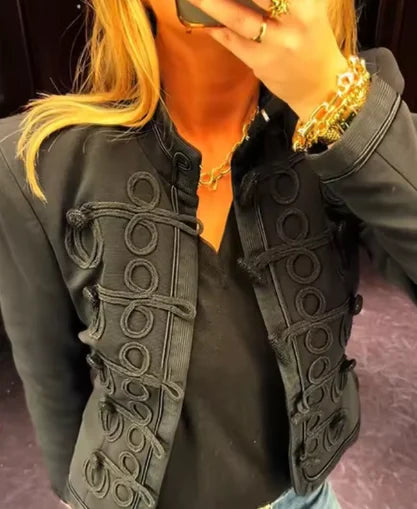 Napoleon Militärjacke für Damen – Blazer mit Strick-Patchwork und Knopfleiste