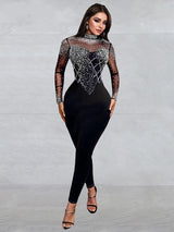 Sexy Black Mesh See-Through Jumpsuit – Sparkly Rhinestone Bodycon One Piece