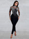 Sexy Black Mesh See-Through Jumpsuit – Sparkly Rhinestone Bodycon One Piece