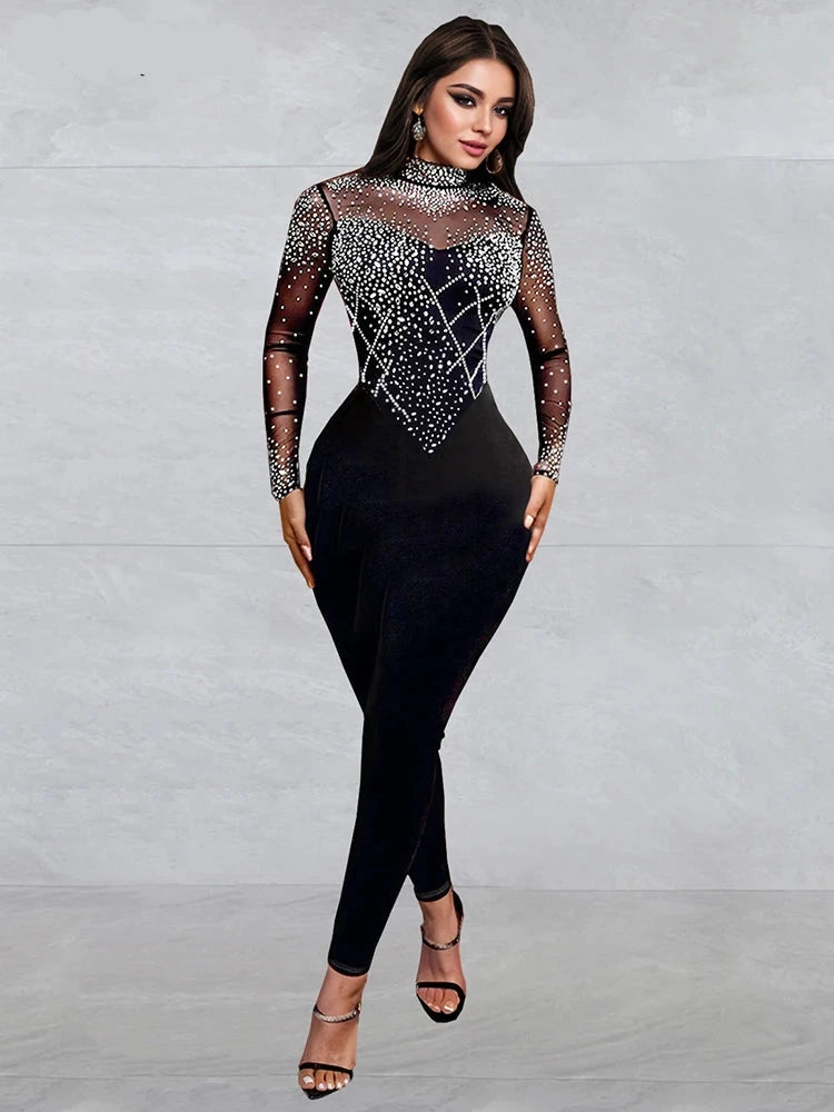 Sexy Black Mesh See-Through Jumpsuit – Sparkly Rhinestone Bodycon One Piece
