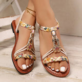 Women's Ethnic Style Round Toe Beaded Flat Sandals Bohemian Ankle Strap Shoes