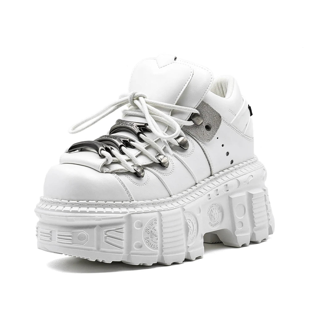 Women’s White Gothic Platform Punk Lace-Up Metal Decor Rock Boots