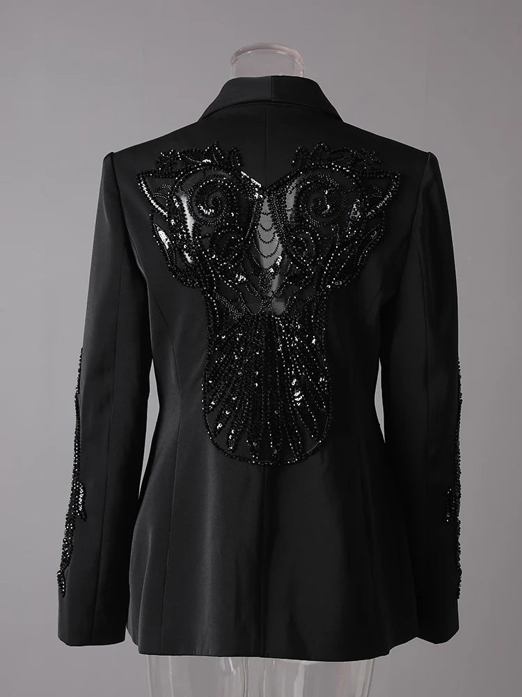 Damen Blazer mit Mesh-Einsätzen und Nagelkette & Chiffonhose mit hoher Taille