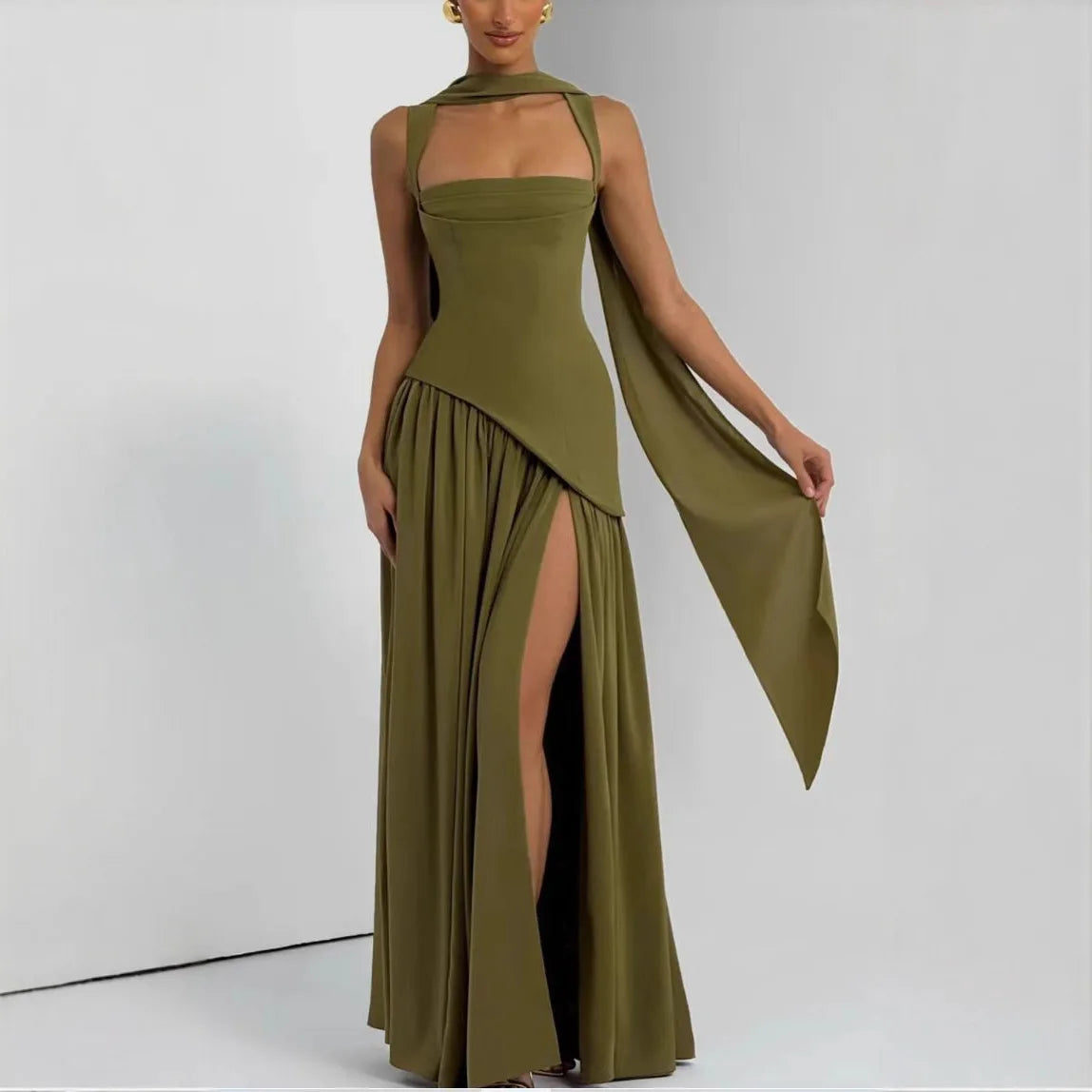 Elegant Green Evening Dress with Scarf – Lace-Up Back High Slit Maxi