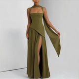 Elegant Green Evening Dress with Scarf – Lace-Up Back High Slit Maxi