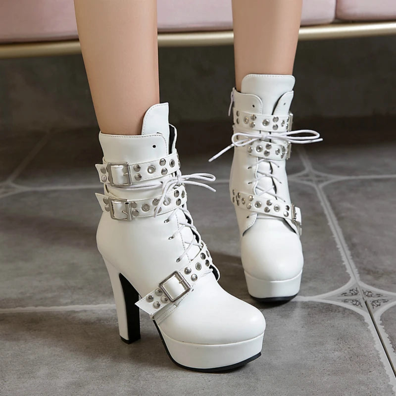 Damen Plateau Stiefeletten elegant mit seitlichem Reißverschluss – Schnür-Stiefeletten mit hohem Absatz