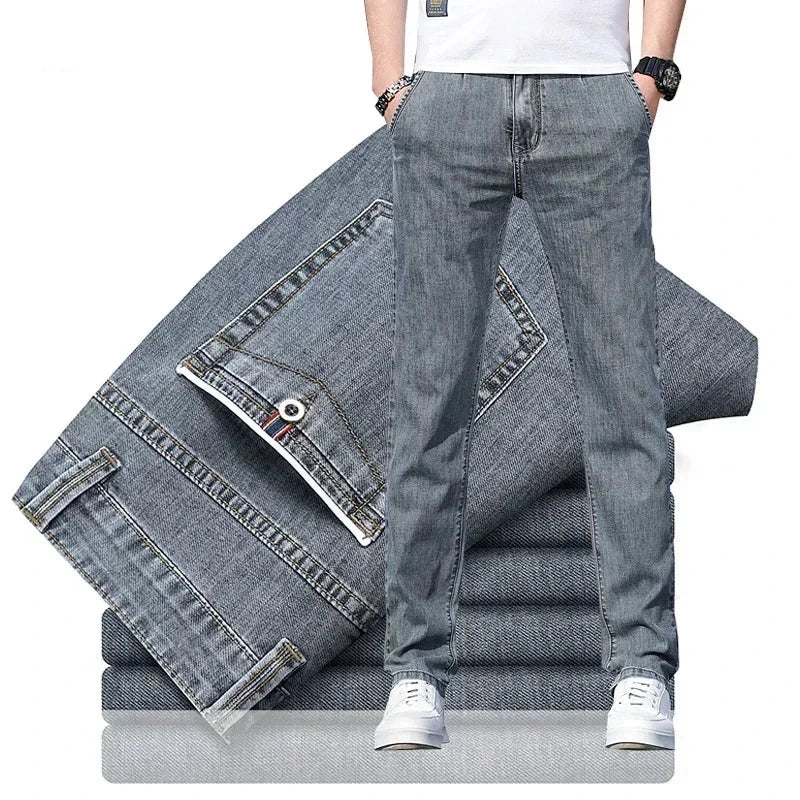 Men’s Summer Loose Stretch Gray & Light Blue Straight-Leg Denim Jeans