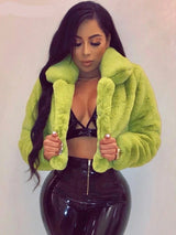 Women's Faux Fur Crop Jacket – Elegant Open Front Lapel Shaggy Fluffy Short Jacket