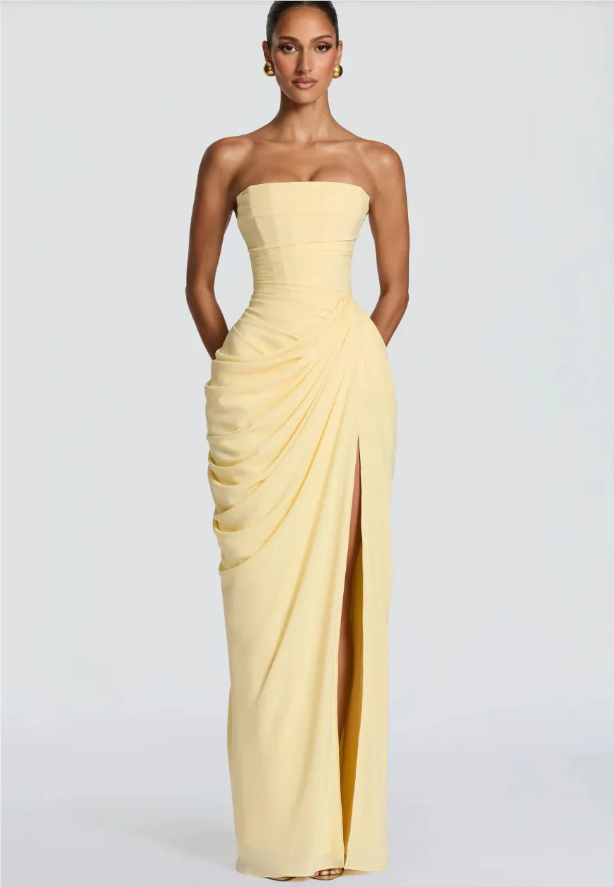 Women’s High Split Strapless Ruched Maxi Dress