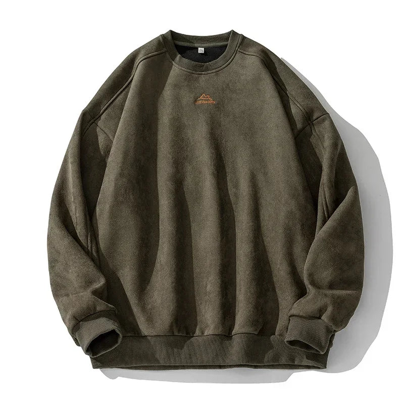 Herren Wildleder-Pullover-Sweatshirt – Retro-Baggy-Rundhals-Oberteil