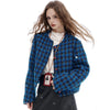 Navy Checked Short Jacket for Women: Vintage Y2K Style - New Winter Arrival