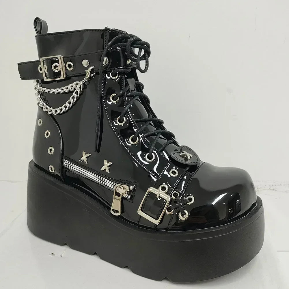 Women’s Waterproof Wedge Gothic Vampire Platform Mid-Calf Boots
