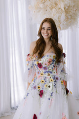 Floral Embroidery Puff Sleeve Prom Dress | Tulle Bridal & Party Gown