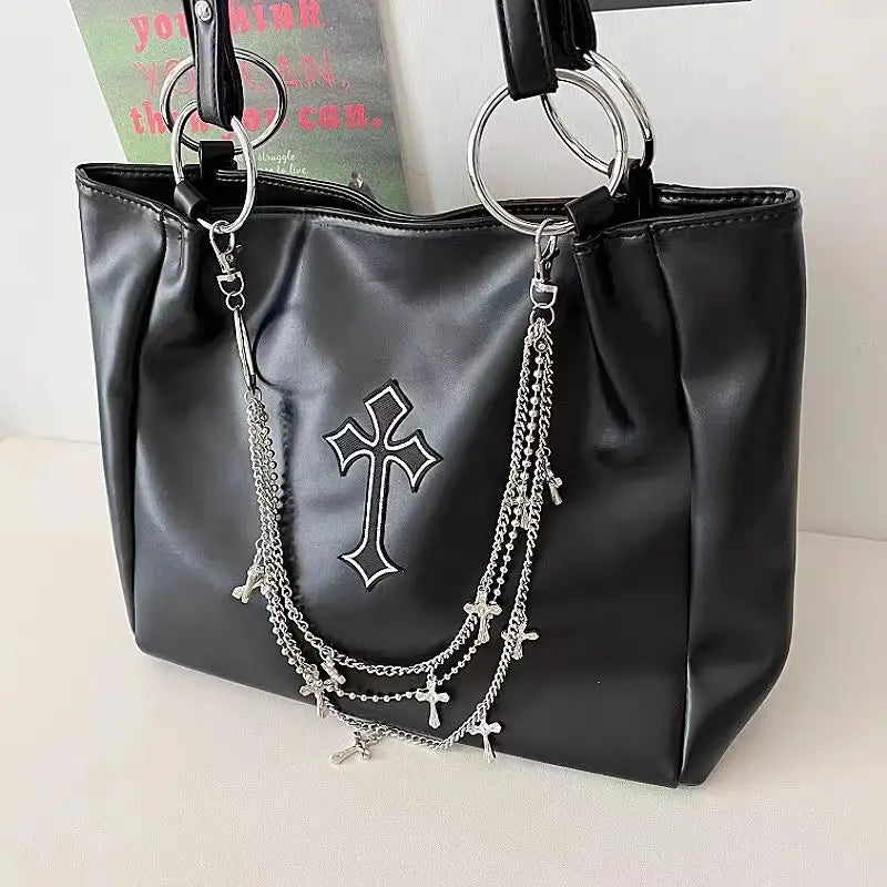 Große Gothic-Damen-Einkaufstasche in Schwarz – Y2K Grunge Ketten-Umhängetasche