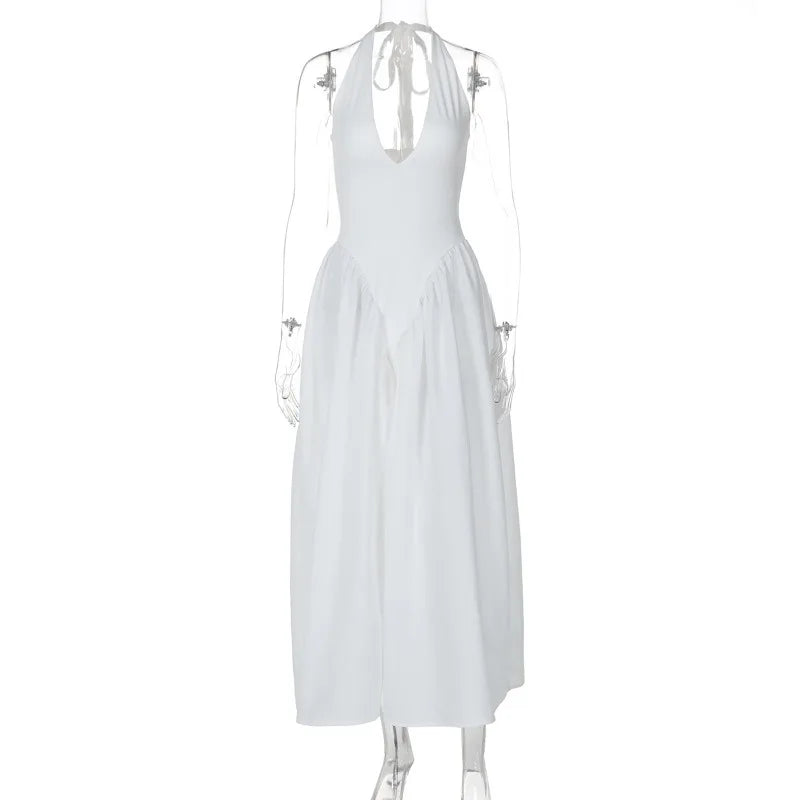 Women’s Sexy Backless Deep V-Neck Maxi Dress – Spliced Halter Sleeveless Dress