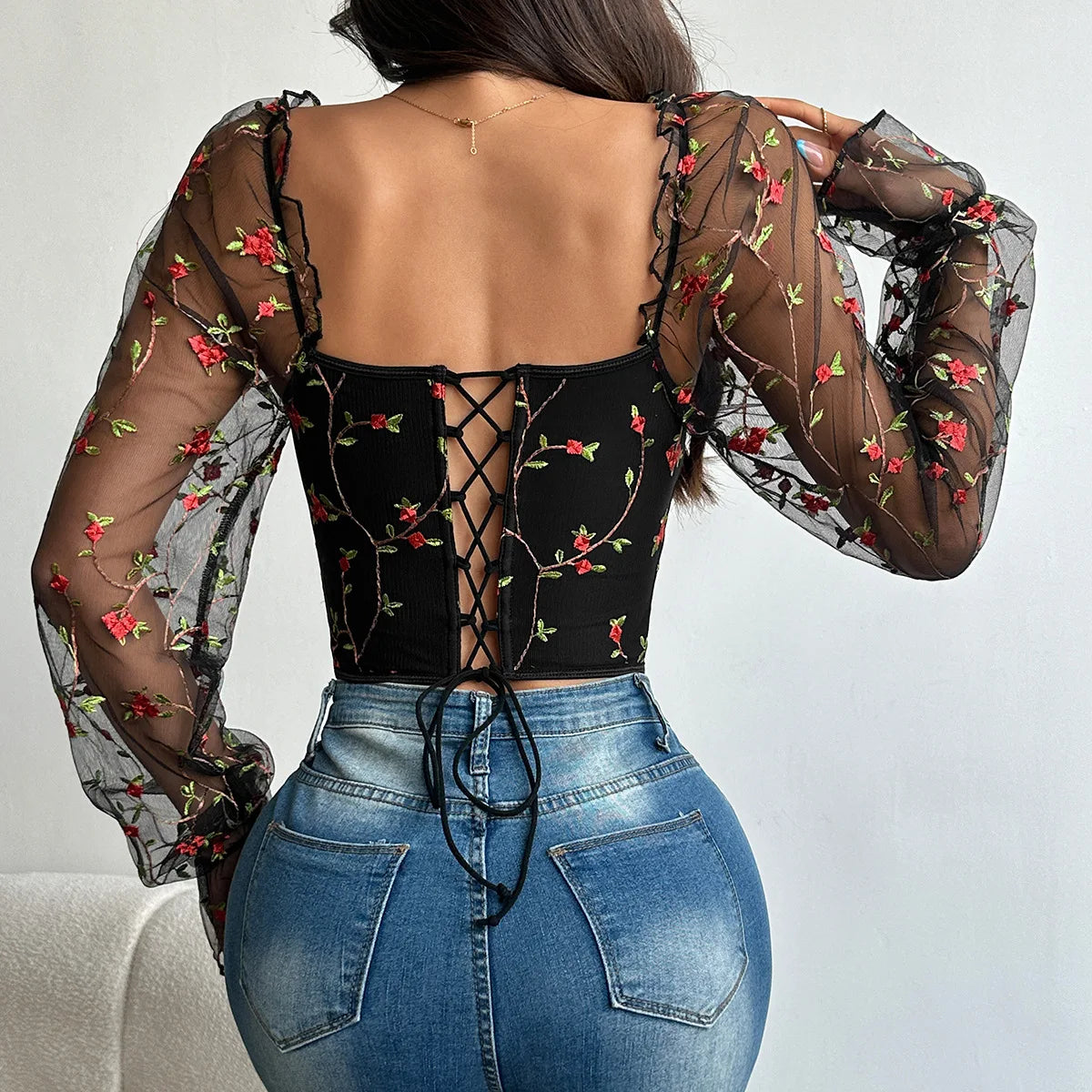 Women’s Sexy Mesh Long Sleeve Corset | Flower Embroidered Fishbone Bustier