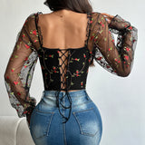 Women’s Sexy Mesh Long Sleeve Corset | Flower Embroidered Fishbone Bustier