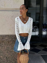 Knitwear Hollow Out Women’s V-Neck Long Sleeve See-Through Cropped Top