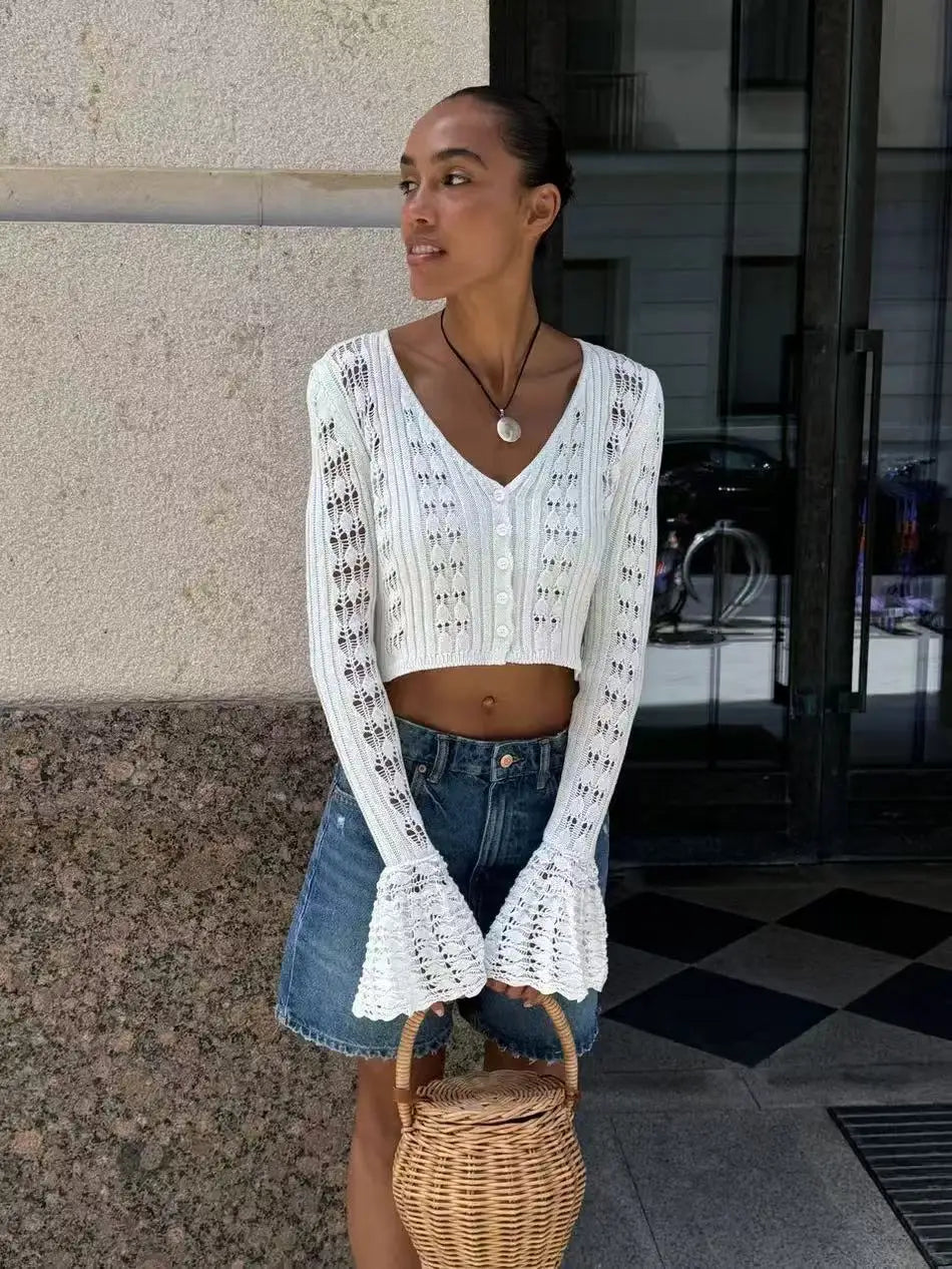 Knitwear Hollow Out Women’s V-Neck Long Sleeve See-Through Cropped Top