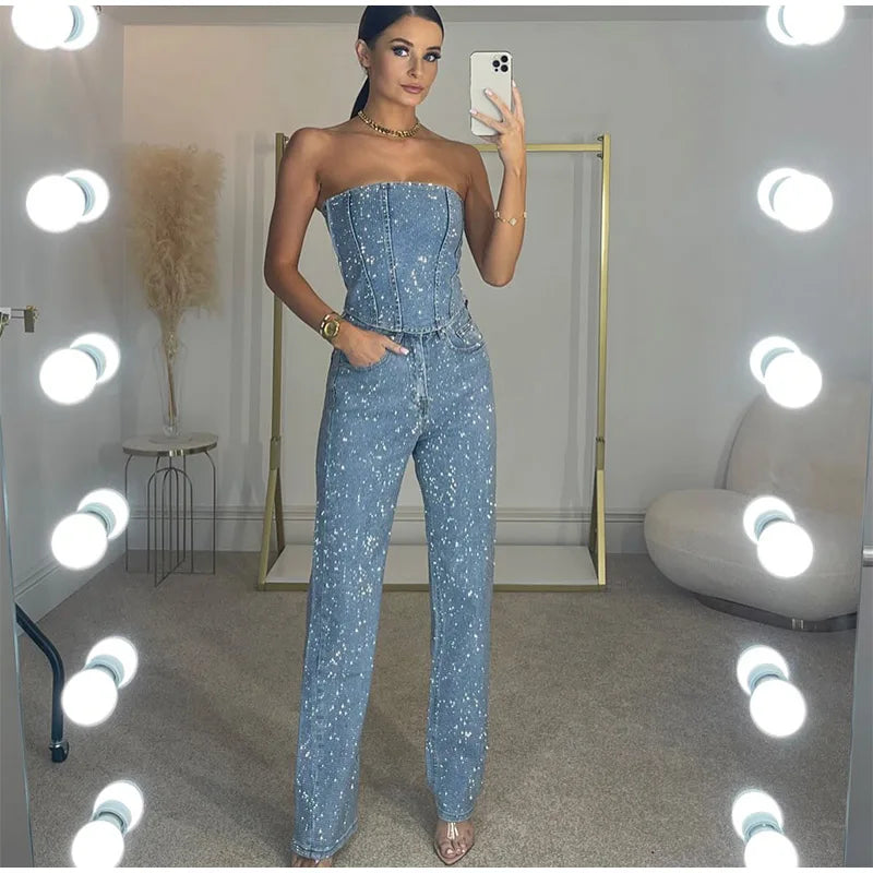 Damen sexy glänzendes Pailletten-Zweiteiler-Set – trägerloses Bandeau-Crop-Top & hochtaillierte Skinny-Hose