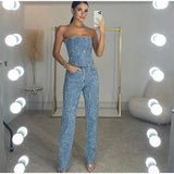 Damen sexy glänzendes Pailletten-Zweiteiler-Set – trägerloses Bandeau-Crop-Top & hochtaillierte Skinny-Hose