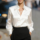 The "Satin Stripe" Patchwork Shirt | Elegant Hollow Detail Office Long Sleeve Blouse
