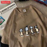 Cute Cats Holding Fish Cotton T-Shirt | Women's Funny Cartoon Graphic Tee