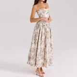 Women's Elegant Beige Floral Print Midi Dress
