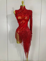 Glitzerndes Strass-Fransen-Minikleid – Sexy One-Shoulder-Durchsichtige Robe – Lateinamerikanischer Tanz-Performance-Outfit