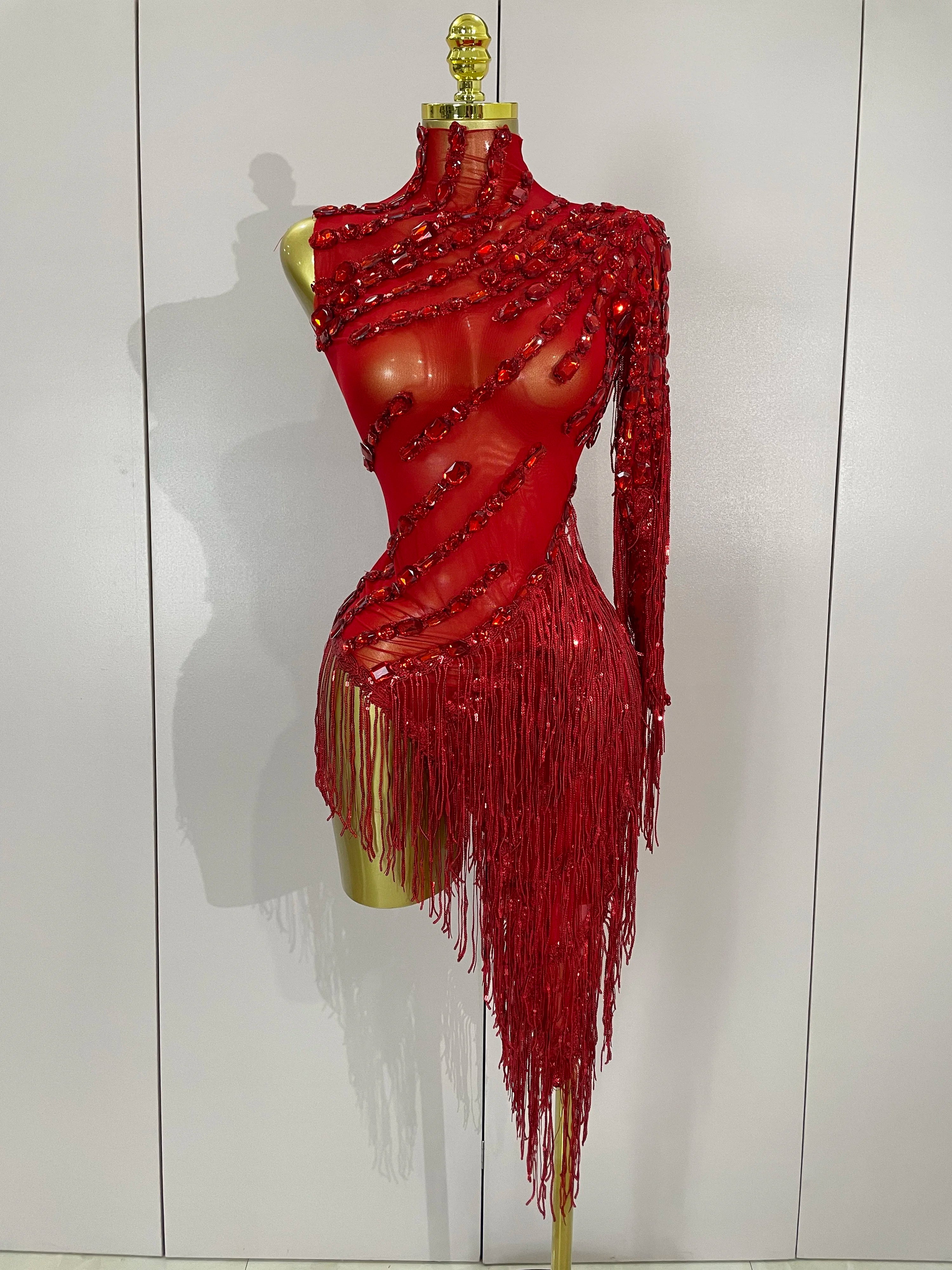 Glitzerndes Strass-Fransen-Minikleid – Sexy One-Shoulder-Durchsichtige Robe – Lateinamerikanischer Tanz-Performance-Outfit