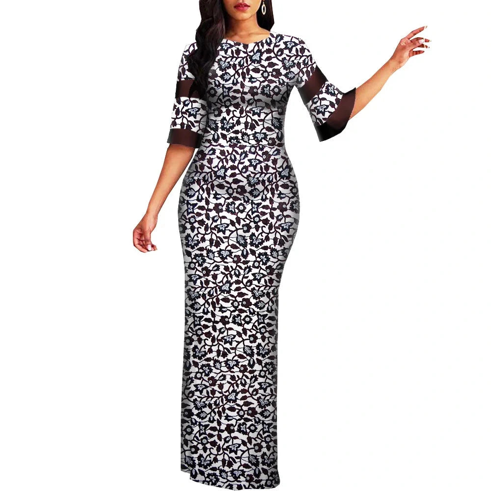 Damen Maxi Bodycon-Kleid mit halbem Ärmel und afrikanischem Dashiki-Print