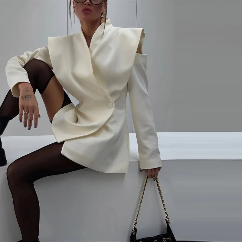 Deconstructed Women’s Modern Waist-Cinched Button Blazer | Full-Sleeve Asymmetrical Tailored Jacket