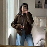 Autumn High Street Brown Women's Coat | Loose Fit Big Pocket Long Sleeve Jacket