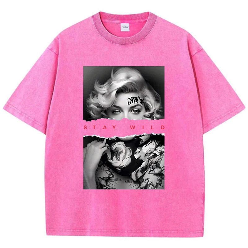 T-Shirt mit Porträt im europäischen Stil – Vintage-Baumwoll-T-Shirt für Damen mit Waschung