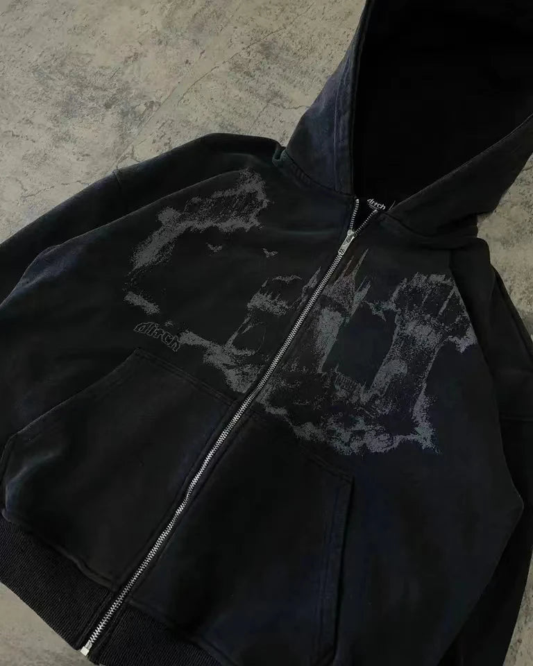 Herren Y2K Goth Kapuzenpullover mit Reißverschluss – Gothic Muster Grafik Sweatshirt – Harajuku Hip Hop Streetwear