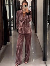 Women’s Chic Velvet Feather Patchwork Suit – Elegant Lapel Blazer & Wide Leg Pants 2-Piece Set