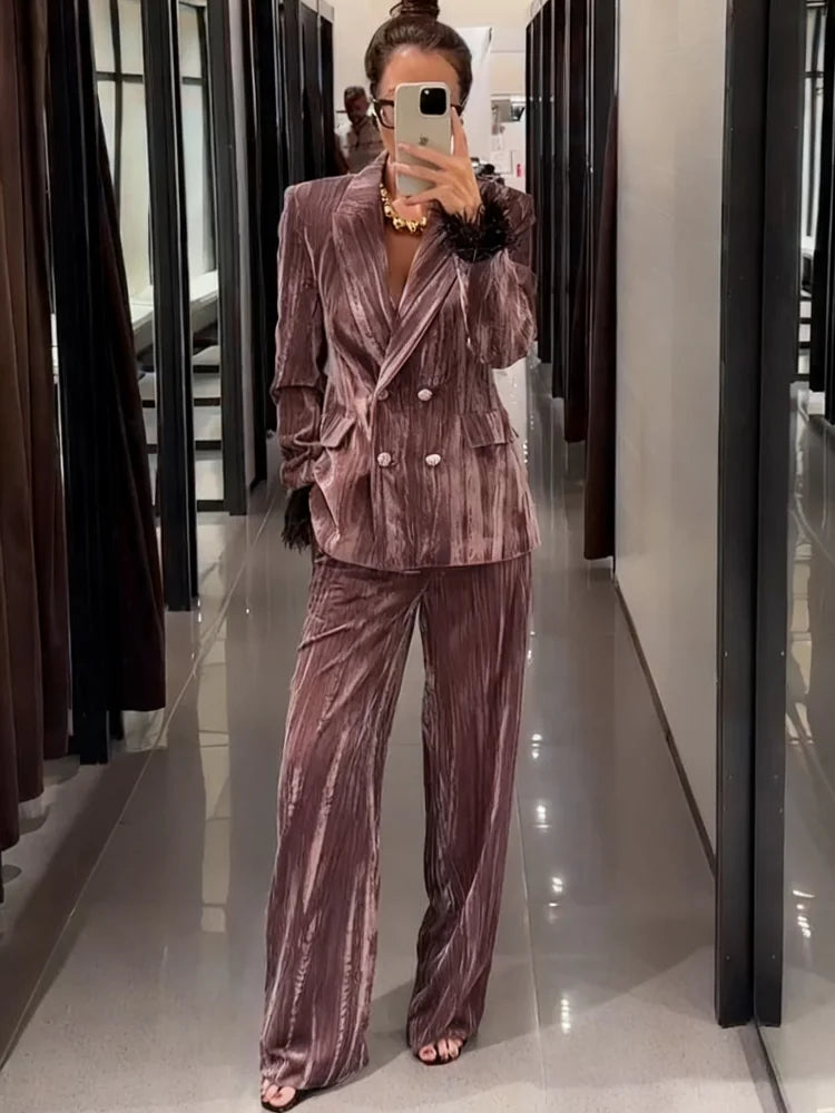 Women’s Chic Velvet Feather Patchwork Suit – Elegant Lapel Blazer & Wide Leg Pants 2-Piece Set