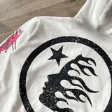Hellstar HS Flame Glitter Zip-Up Hoodie – Beige Fleece Unisex Sweatshirt