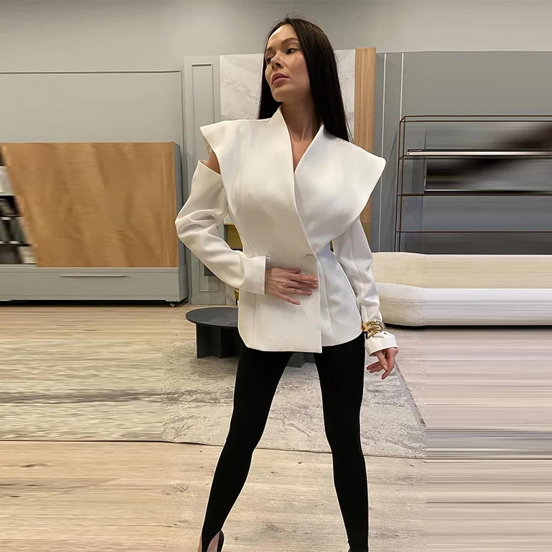 Deconstructed Women’s Modern Waist-Cinched Button Blazer | Full-Sleeve Asymmetrical Tailored Jacket