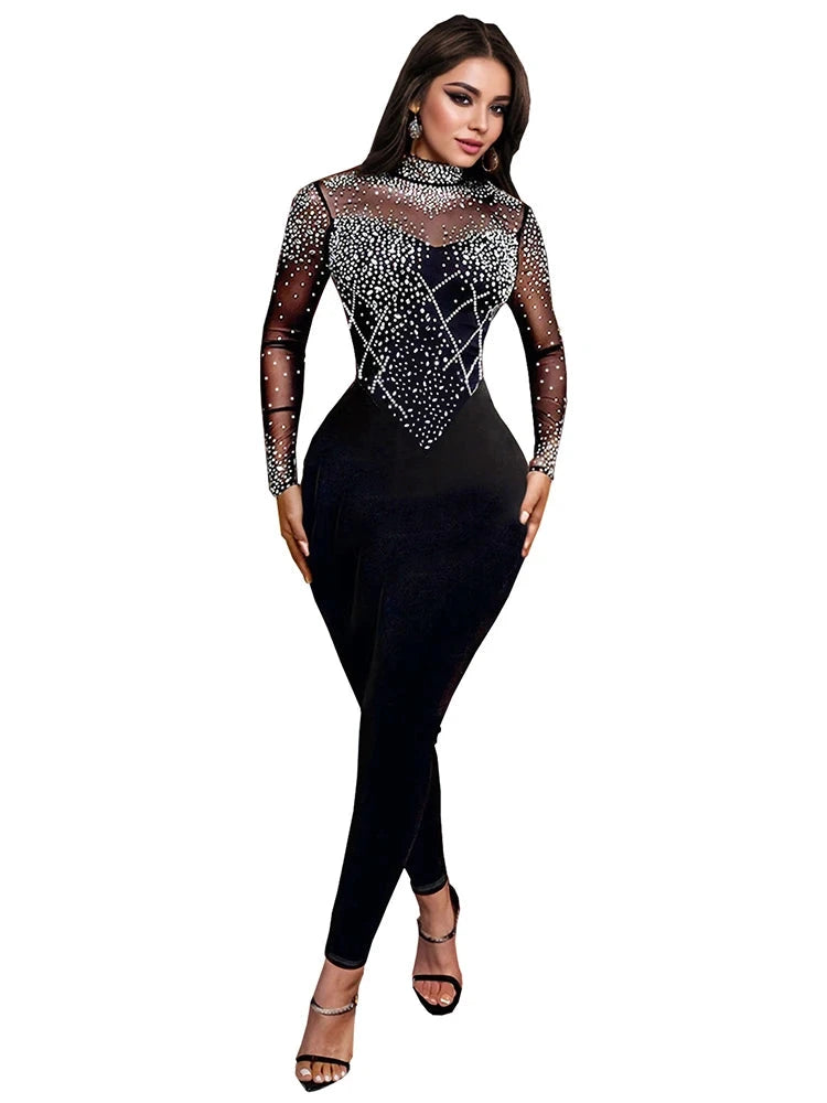 Sexy Black Mesh See-Through Jumpsuit – Sparkly Rhinestone Bodycon One Piece