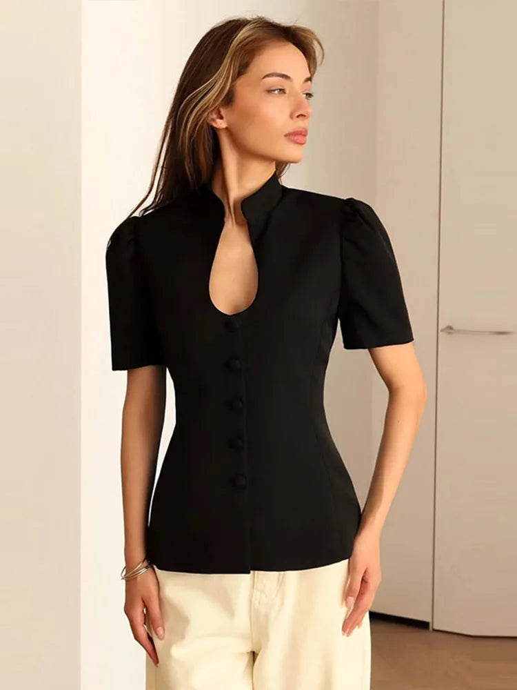 Women’s Stand Collar Short Puff Sleeve Blazer Shirt – Solid Black Single Breasted Blouse